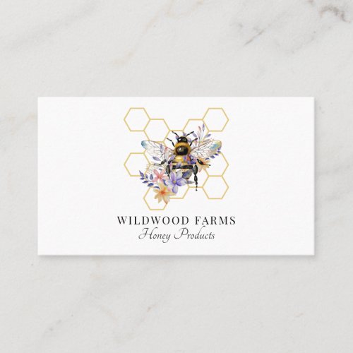 Watercolor Bee Floral Honeycomb Logo Beekeeper  Business Card