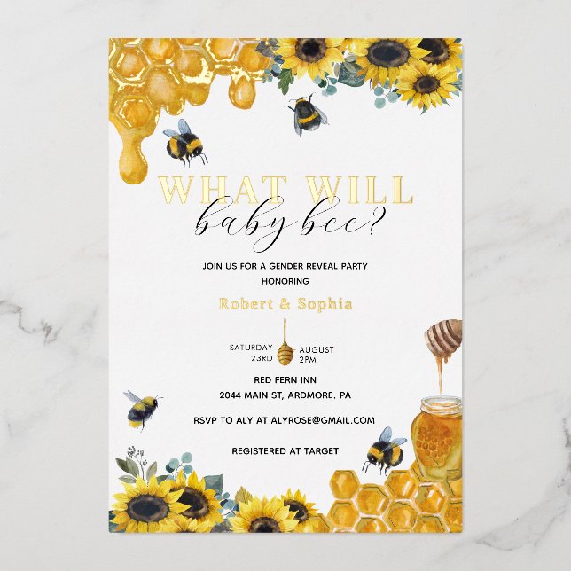 Watercolor Bee Gender Reveal Gold Foil Invitation (Front)