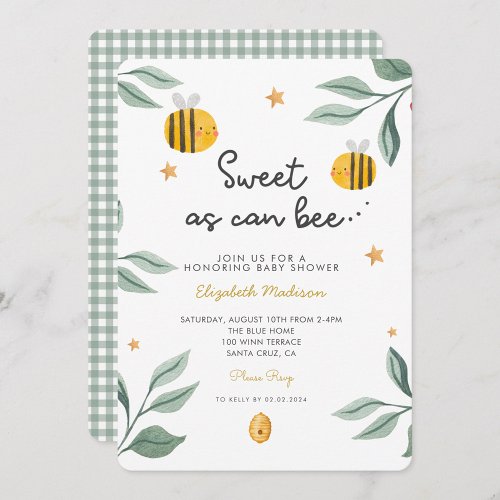 Watercolor Bee Honey Sweet  Baby Shower Invitation