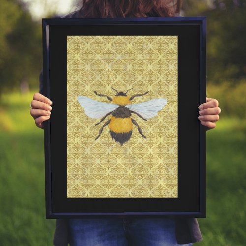Watercolor Bee on Damask   Poster