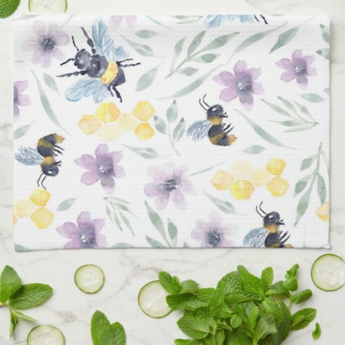 Watercolor Bee Pattern Kitchen Towel