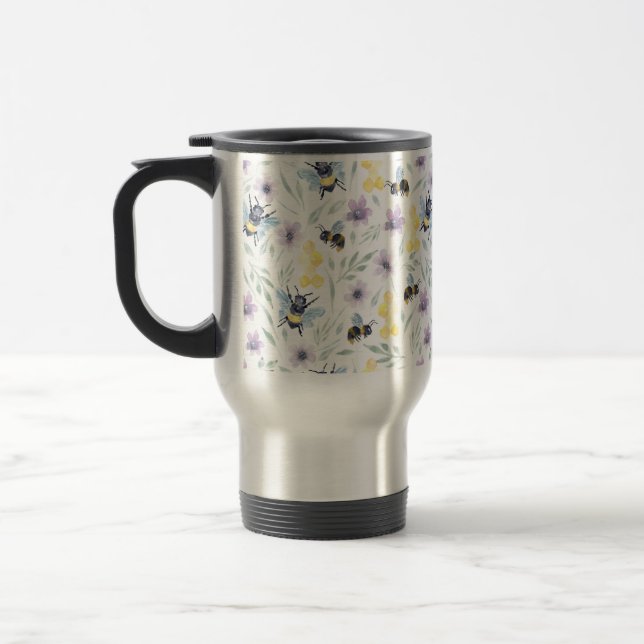 Watercolor Bee Pattern Travel Mug (Left)