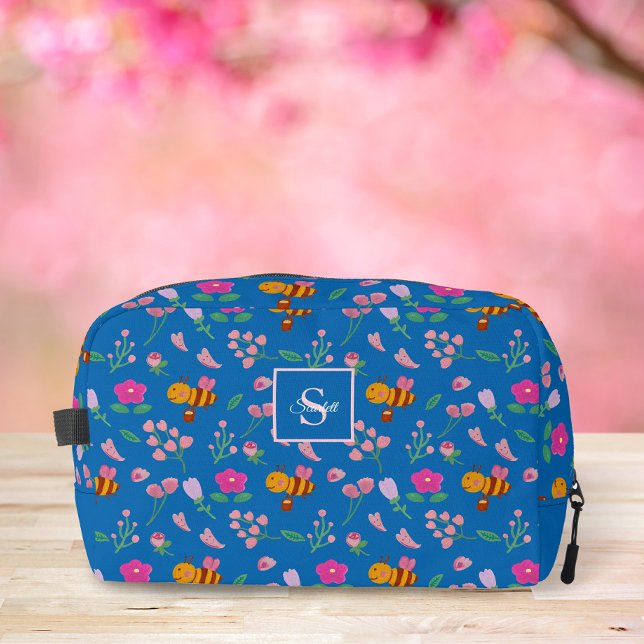 Watercolor Bee & Pink Wildflowers Monogram Blue    Dopp Kit (Creator Uploaded)
