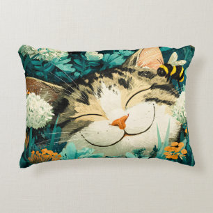 Watercolor Bee Sleeping Cat Flower Garden Accent Pillow