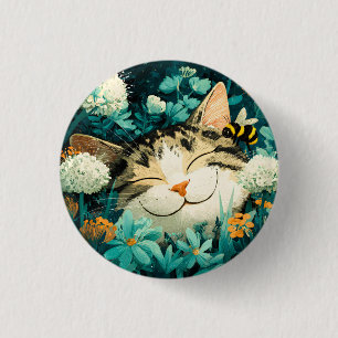 Watercolor Bee Sleeping Cat Flower Garden Button