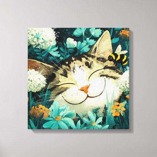 Watercolor Bee Sleeping Cat Flower Garden Canvas Print