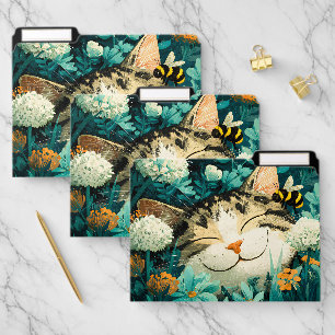 Watercolor Bee Sleeping Cat Flower Garden File Folder