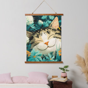 Watercolor Bee Sleeping Cat Flower Garden Hanging Tapestry