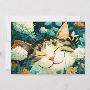 Watercolor Bee Sleeping Cat Flower Garden Holiday Card