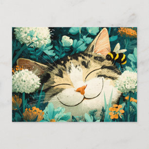 Watercolor Bee Sleeping Cat Flower Garden Holiday Postcard