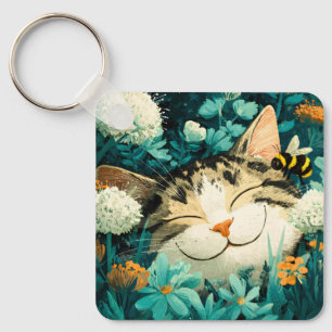 Watercolor Bee Sleeping Cat Flower Garden Keychain