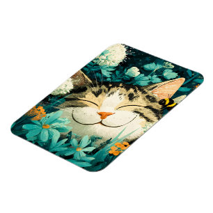 Watercolor Bee Sleeping Cat Flower Garden Magnet