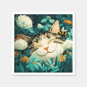 Watercolor Bee Sleeping Cat Flower Garden Napkins