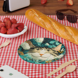 Watercolor Bee Sleeping Cat Flower Garden Paper Plates