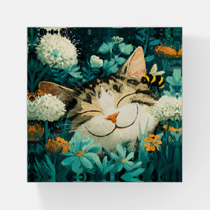 Watercolor Bee Sleeping Cat Flower Garden Paperweight
