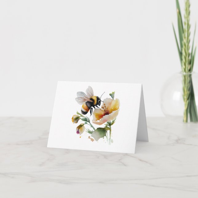Watercolor Bee with Pale Yellow Flowers BLANK  Card (Front)