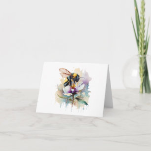 Watercolor Bee with Purple and White Flowers BLANK Card
