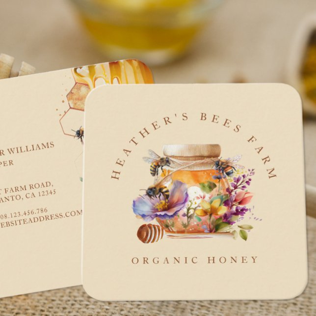 Watercolor Beekeeper Honeycomb Square Business Card (Creator Uploaded)