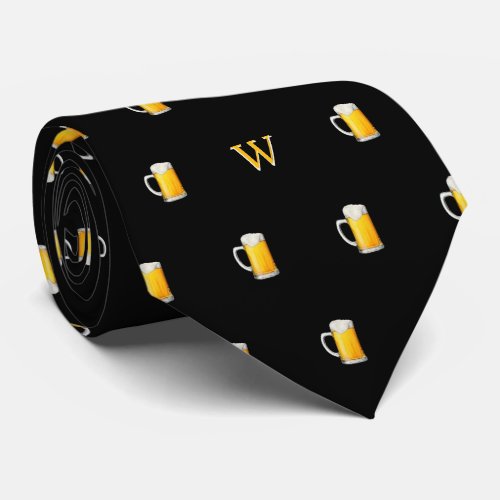 Watercolor Beer Mug Cider Drinker Monogram Black Neck Tie