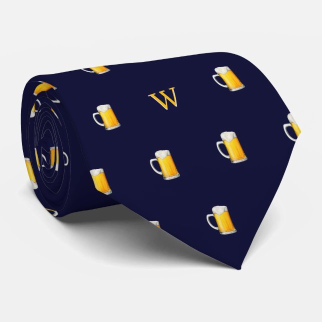 Watercolor Beer Mug Cider Drinker Monogram Blue Neck Tie (Rolled)