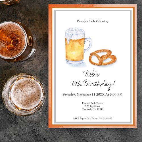 Watercolor Beer  Pretzel Birthday Party  Invitation