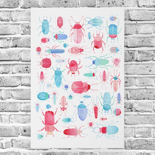 Watercolor Beetle Faux Canvas Print (Watercolor bugs and beetles red and aqua blue faux canvas art print)