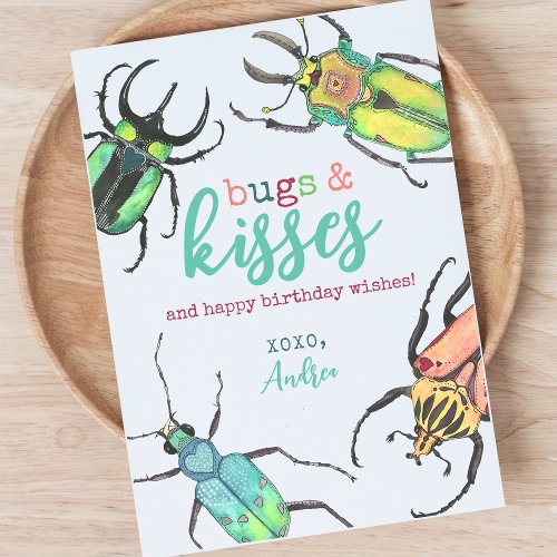 Watercolor Beetles Bugs and Kisses Birthday Card