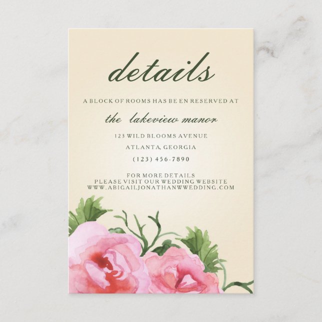 Watercolor Begonias Floral Wedding Details Enclosure Card (Front)