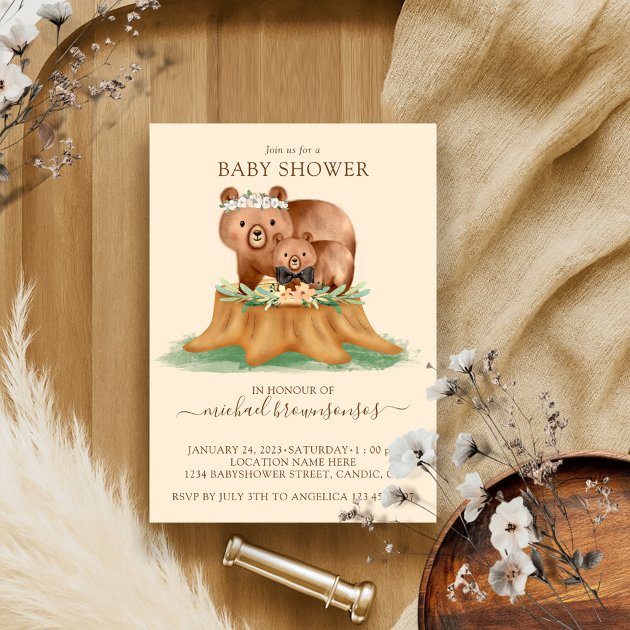 Watercolor Beige Bear Baby Boy Invitation