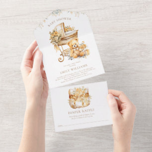 Watercolor Beige & Gold Baby Shower Diaper raffle All In One Invitation