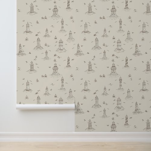 Watercolor Beige Lighthouse Coastal Toile Wallpaper