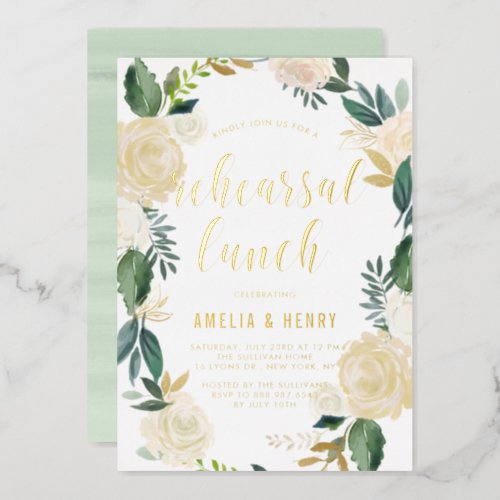 Watercolor Beige Peonies Wreath Rehearsal Lunch Foil Invitation