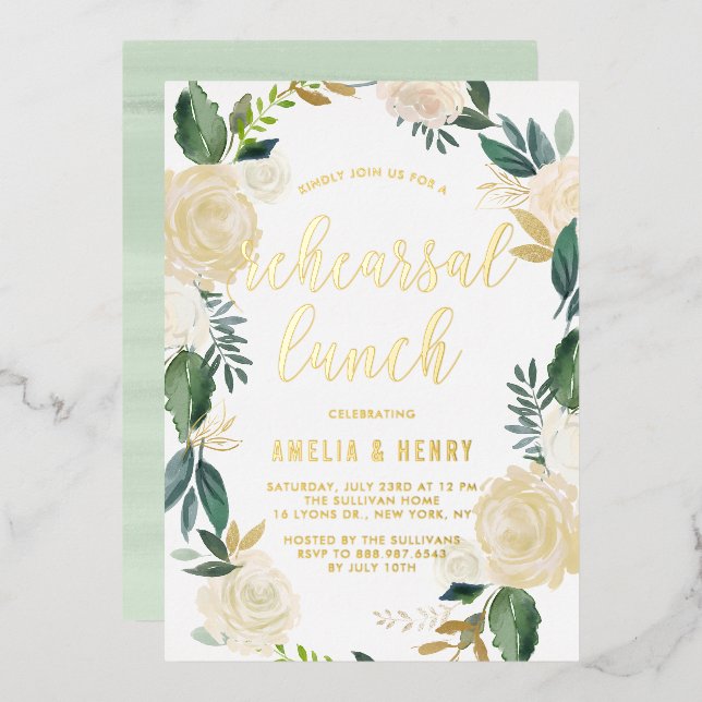 Watercolor Beige Peonies Wreath Rehearsal Lunch Foil Invitation (Front/Back)
