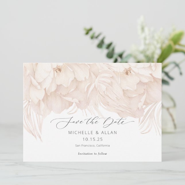 Watercolor beige peony-elegant garden wedding save the date (Standing Front)