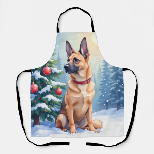 Watercolor Belgian Malinois Evergreen Christmas Apron (Front)