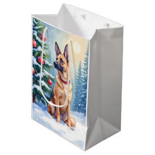 Watercolor Belgian Malinois Evergreen Christmas Medium Gift Bag