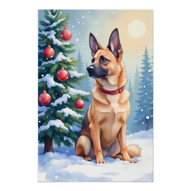 Watercolor Belgian Malinois Evergreen Christmas Poster (Front)