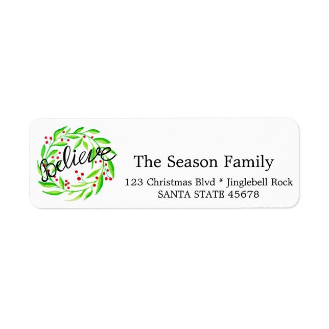 watercolor believe Christmas holly address Label (Front)