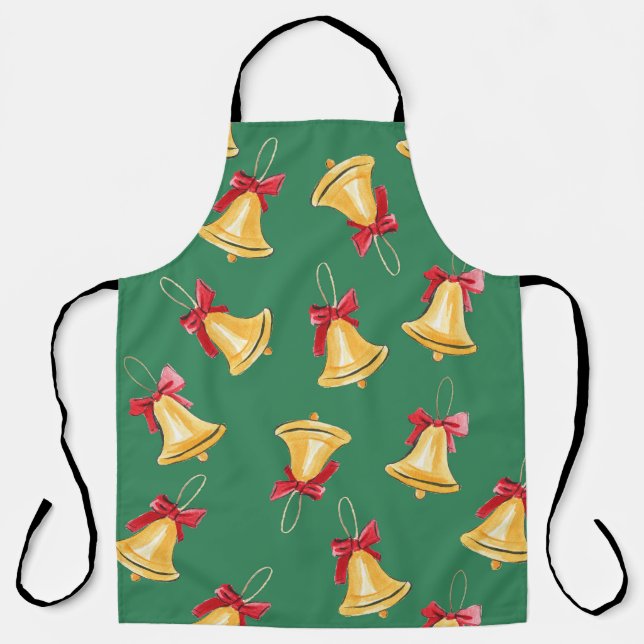 Watercolor Bell Pattern Green Seamless Apron (Front)