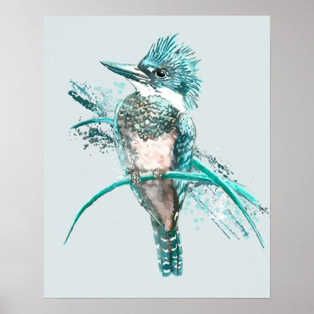 Watercolor  Belted Kingfisher Bird  Animal Poster (Front)