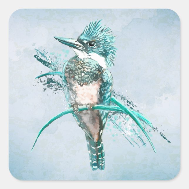 Watercolor  Belted Kingfisher Bird  Animal Square  Square Sticker (Front)