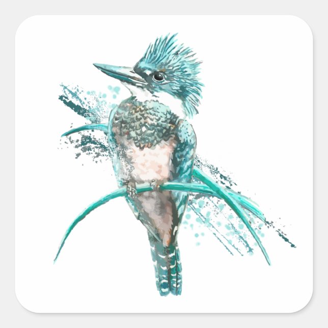 Watercolor  Belted Kingfisher Bird  Animal Square Sticker (Front)
