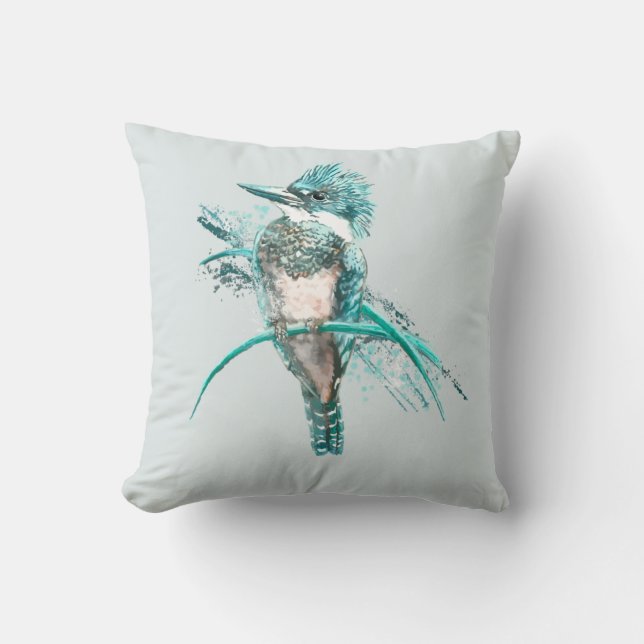 Watercolor  Belted Kingfisher Bird  Animal Throw Pillow (Front)