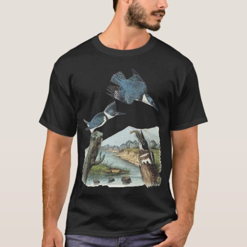 Watercolor Belted Kingfisher Bird Eat Fish Nature  T_Shirt