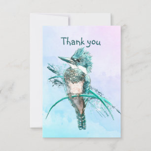 Watercolor Belted Kingfisher Bird Wildlife Art Thank You Card