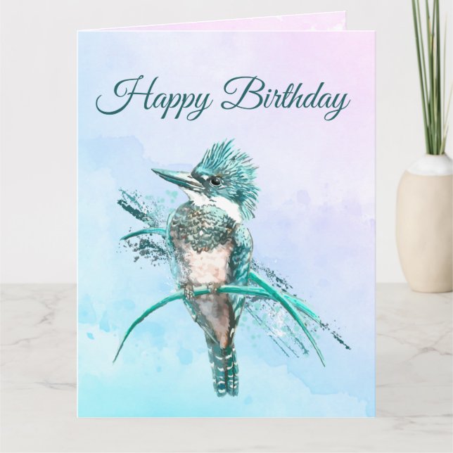 Watercolor Belted Kingfisher Bird Wildlife Art Thank You Card (Front)