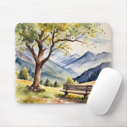 Watercolor Bench and Mountain Scene Mouse Pad
