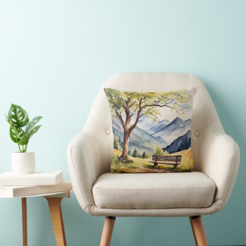 Watercolor Bench and Mountain Scene Throw Pillow