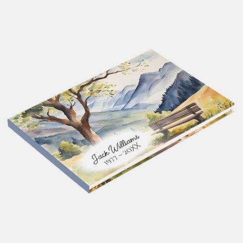 Watercolor Bench and Mountains Memorial Service Guest Book