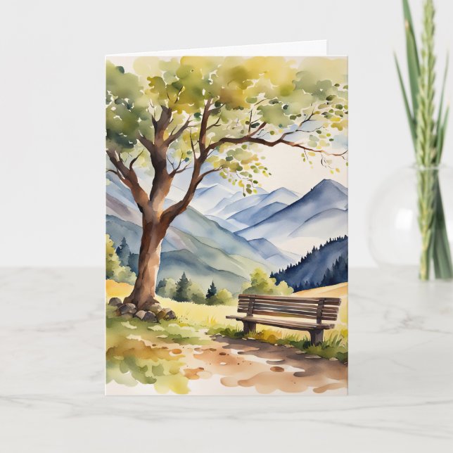 Watercolor Bench and Mountains Sympathy Card (Front)